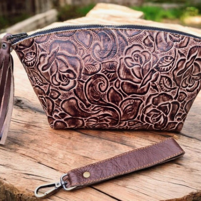 Western Style Women's Leather Clutch Embossed with Stunning Roses Pattern |  Unique Design Leather clutch / purse / bag