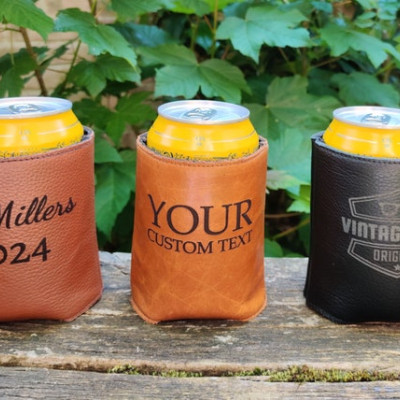 Customised beer cosies - Genuine leather and neoprene can Coosies / can coolers - for 12oz/ 16oz cans - Groomsman gift - Handmade