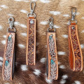 Western-style Genuine leather wrist lanyard / wristlet / Keychain with western tooled pattern