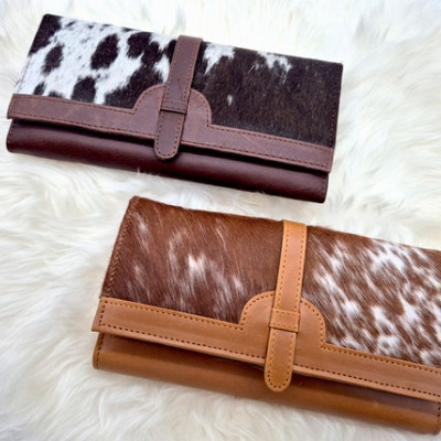 Country western style wallet / clutch - Tri-fold design - Genuine cowhide and leather