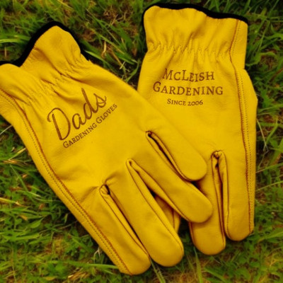 Custom engraved genuine leather gardening gloves | Laser engraved with your logo or custom text!