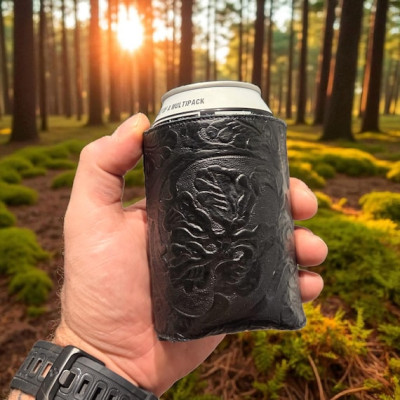Genuine leather tooled beer can cooler | Drinks Coozie | Groomsman Gift