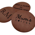 Custom-made / personalised genuine leather vintage round coaster - laser embossed onto 3mm thick veg tan leather