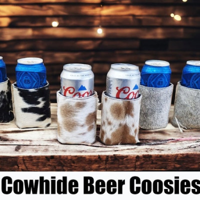 Genuine cowhide and neoprene beer Coosies / can coolers - for 12oz/ 16oz cans - Groomsman gift - Handmade