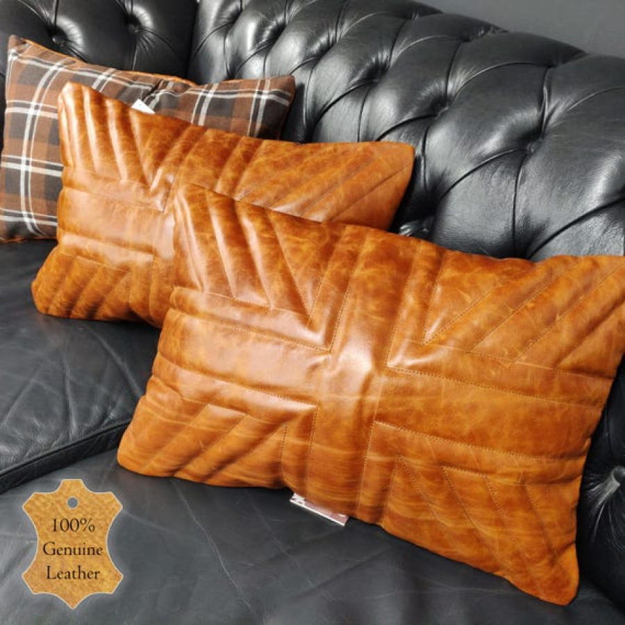 Vintage leather Union Jack vintage cushion cover / pillow cover - In tan or black leather