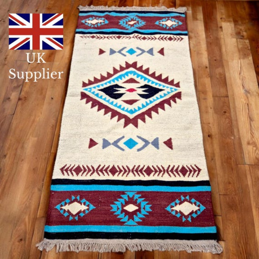 Genuine wool rug with Aztec Navajo southwestern style design - Handwoven jute kilim rug
