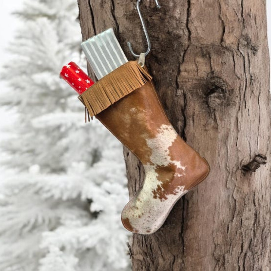 Genuine cowhide and leather Christmas stockings in tan and white