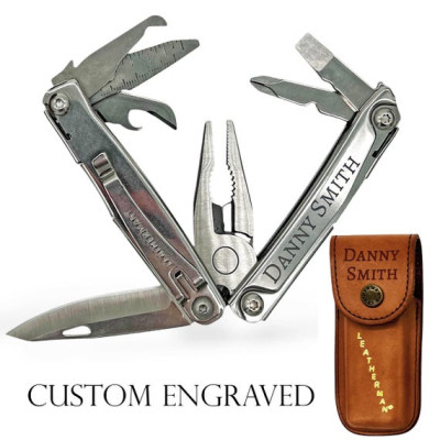 Custom Engraved Leatherman REV Multi-tool with leather pouch - Laser etched with your text or logo! (UK)