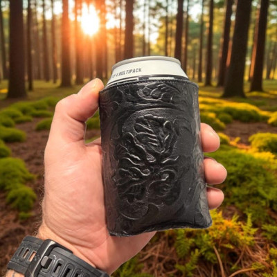 Genuine leather tooled beer can cooler | Drinks Coozie | Groomsman Gift