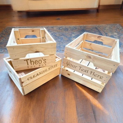 Custom made Laser-engraved pine wood storage crates  / customised wooden storage boxes