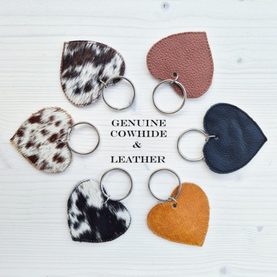 Customisable genuine cowhide and leather double-sided heart-shaped key ring / key chain / bag charm