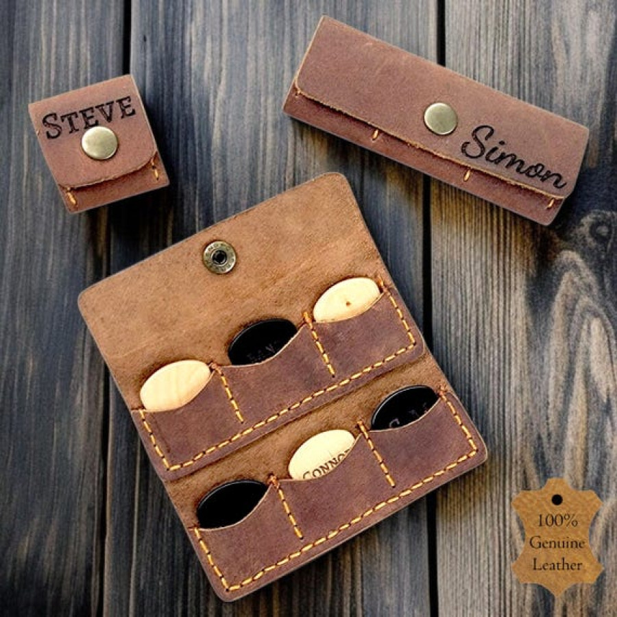 Customisable Leather Guitar Pick Case - Hand Stitched - Engraved your text or logo