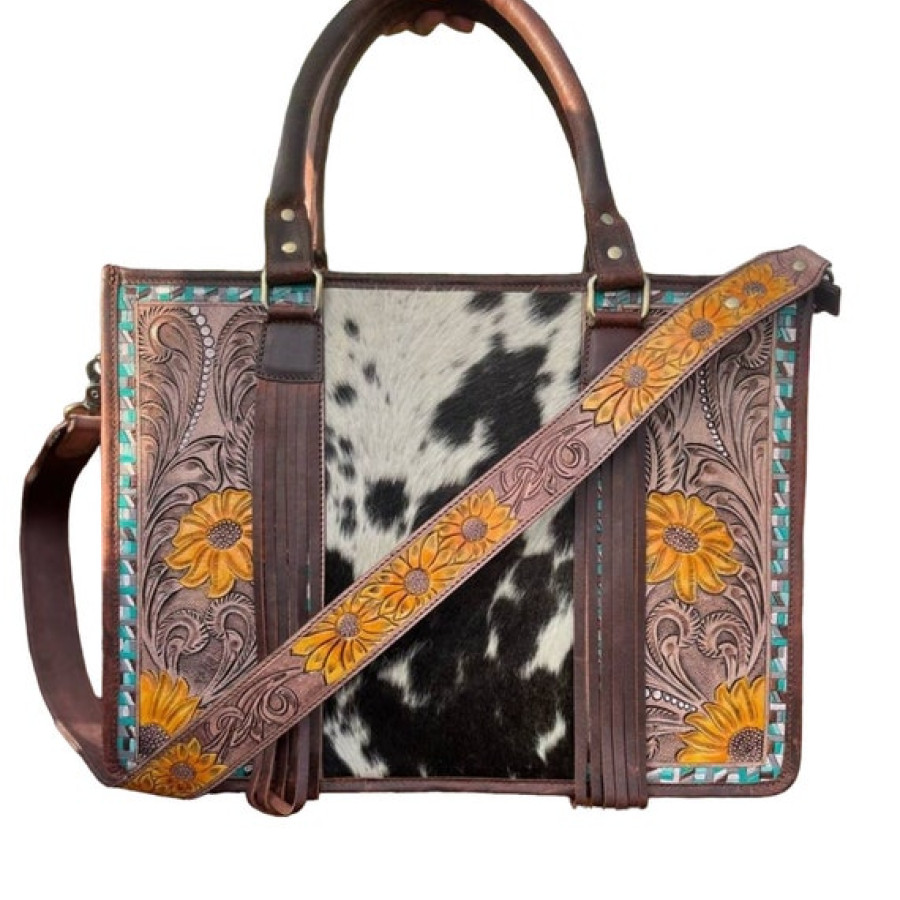 Western style zipper tote bag with Genuine Cowhide and Tooled Leather