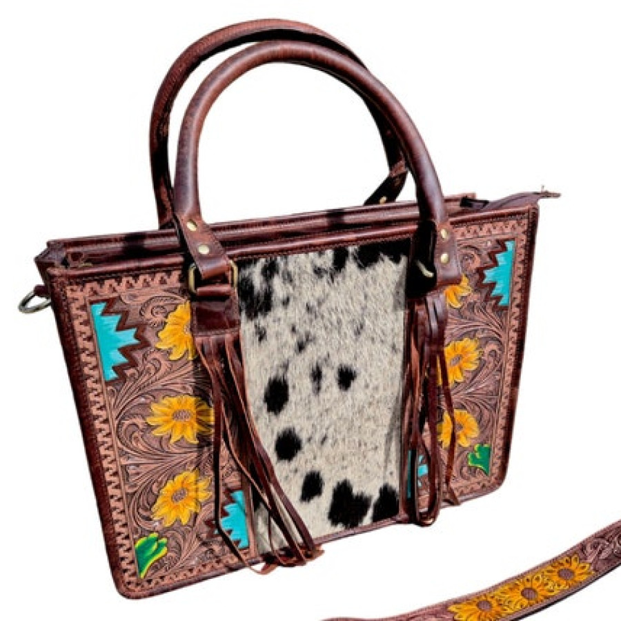 Western style tote bag / handbag / purse with Genuine Cowhide and Tooled Leather - Medium sized - Statement Bag