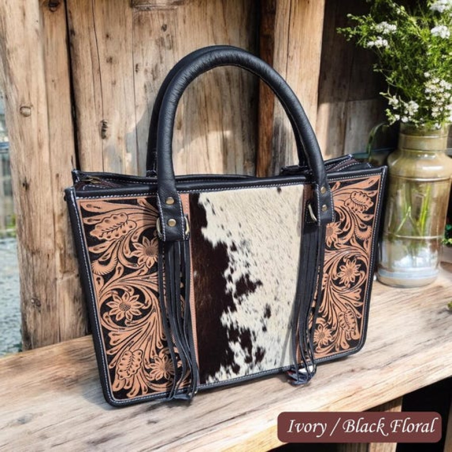 Western style tote bag with Genuine Cowhide and Tooled Leather