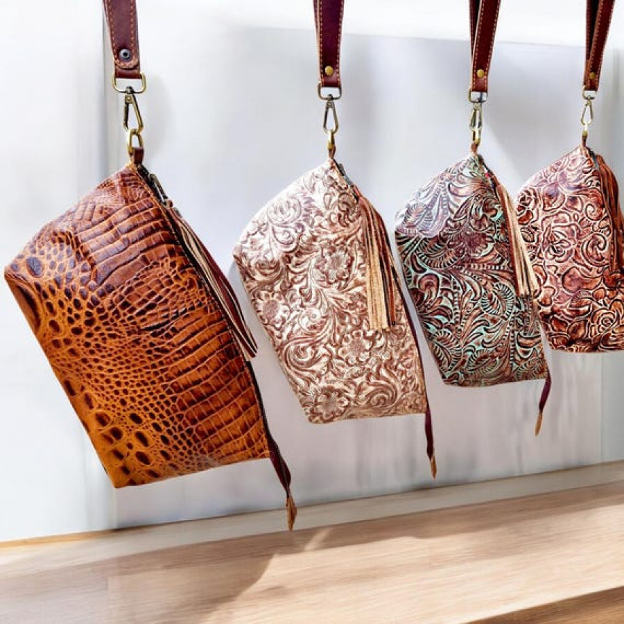 Western Style Women's Embossed Genuine Leather Wristlet Clutch Purse