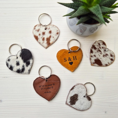 Customisable genuine cowhide and leather double-sided heart-shaped key ring / key chain / bag charm