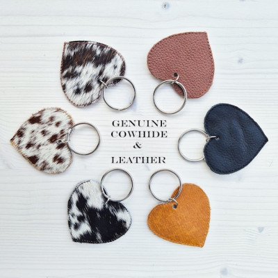 Customisable genuine cowhide and leather double-sided heart-shaped key ring / key chain / bag charm