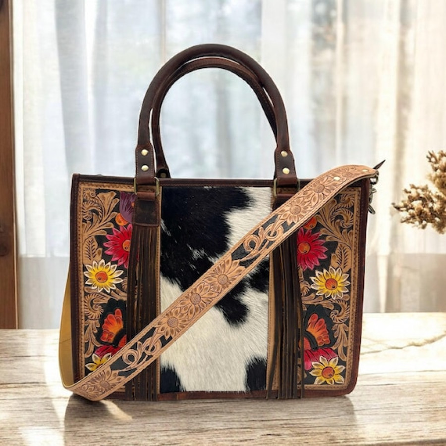 Tooled leather tote bag with Genuine Cowhide | Western design shoulder bag
