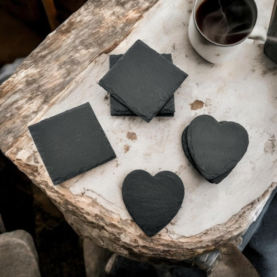 Natural Slate Coaster Set | Heart & Square Shaped Coasters | Unique Coaster Gift Set - 4 Pack