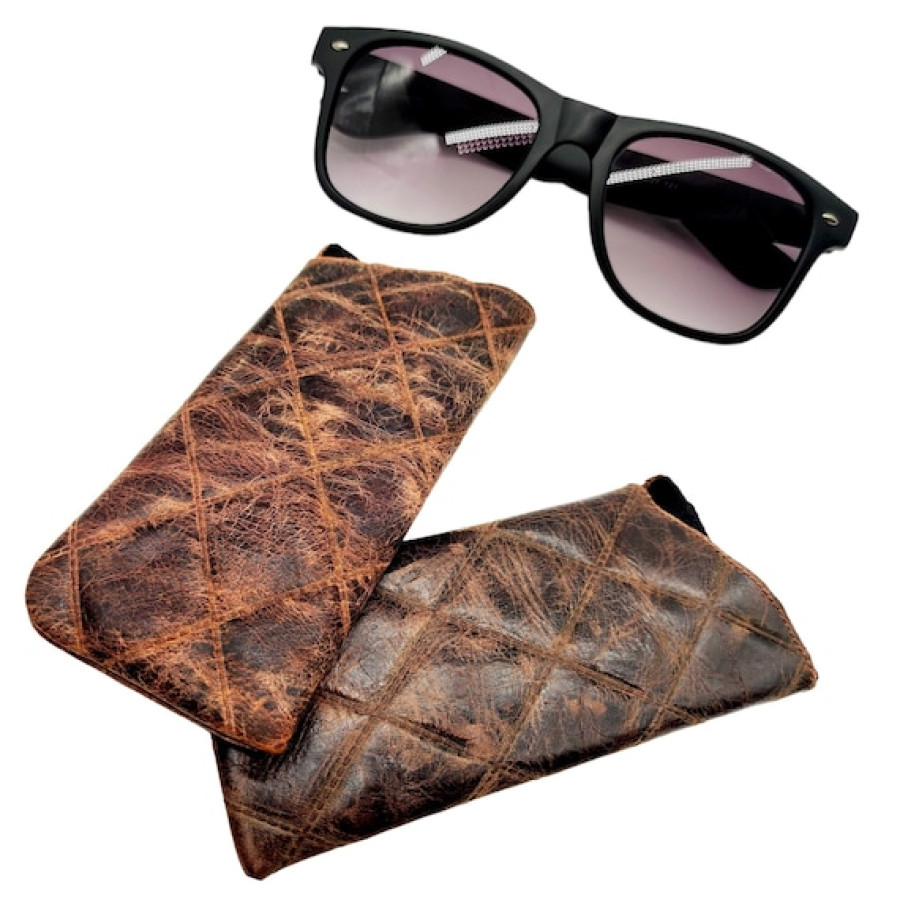 Vintage Diamond Stitched Genuine Leather Glasses Case / Leather Sunglasses Case (b)