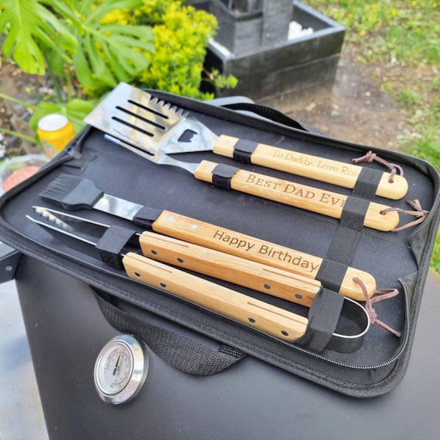 Personalised Laser Engraved Grill Tools Gift Set for BBQ Including Spatula and Tongs
