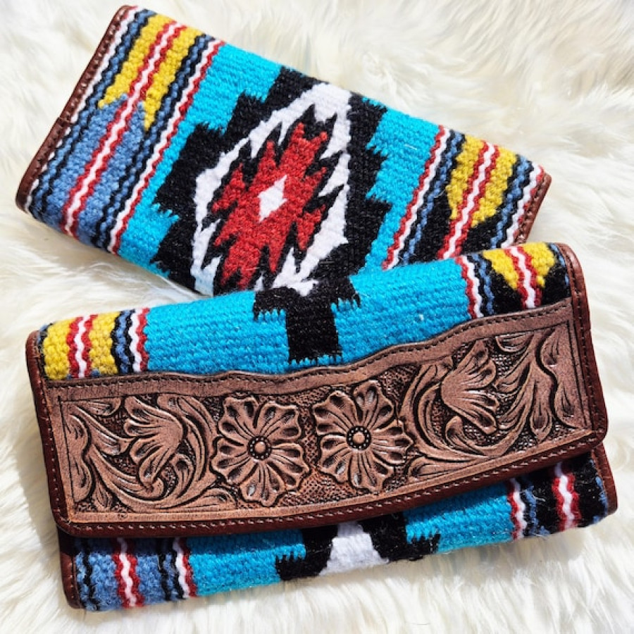 Southwestern style wallet clutch - Tri-fold Design - Aztec style wool & genuine tooled Leather trim