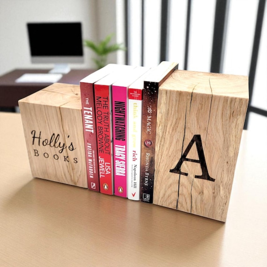 Premium Solid Oak Customized Bookends - Laser Engraved With Your Text or Logo