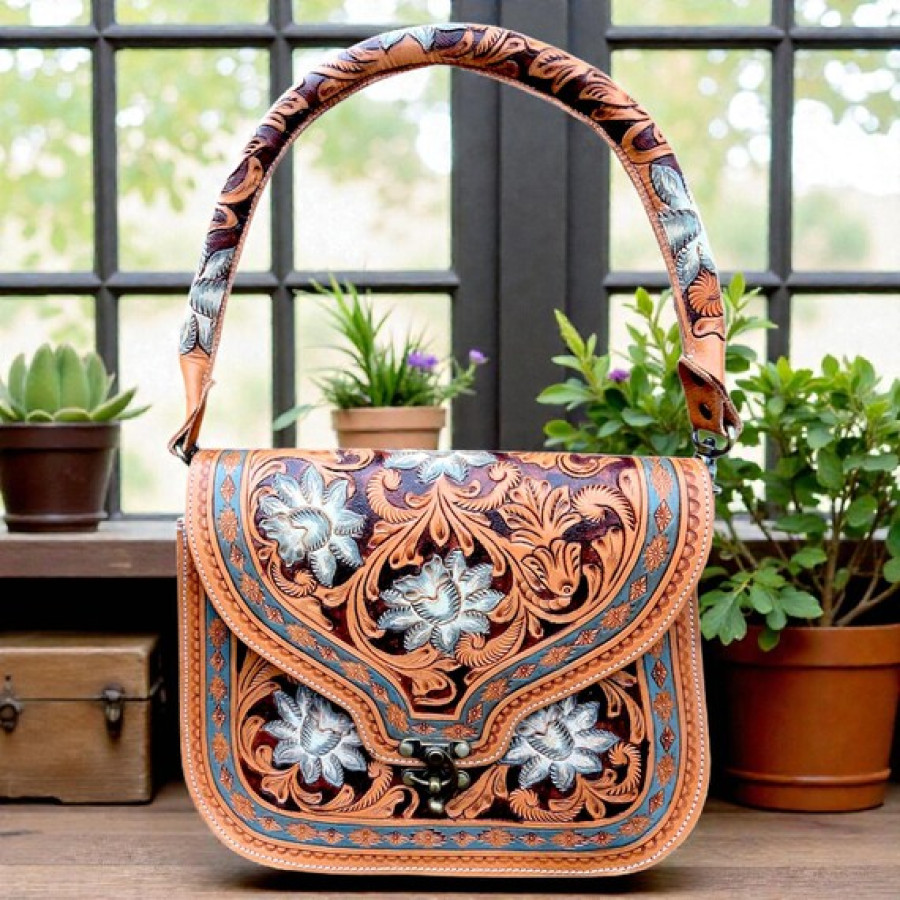 Genuine tooled leather western style cross-body handbag with removable strap 0
