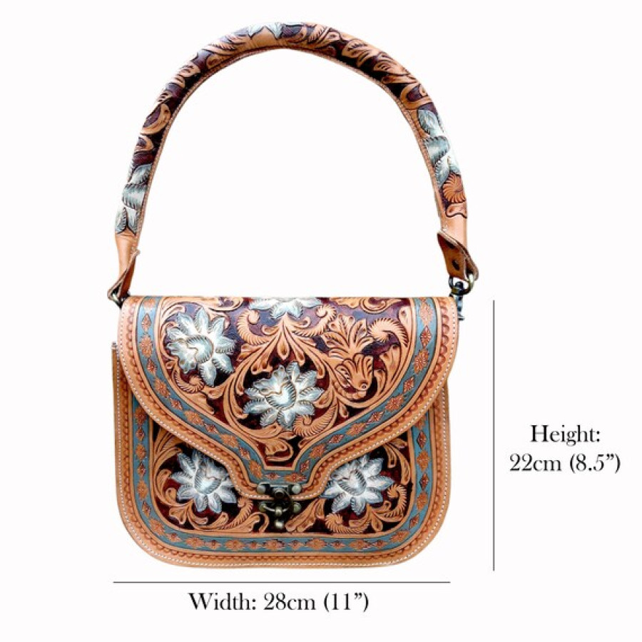 Genuine tooled leather western style cross-body handbag with removable strap 1