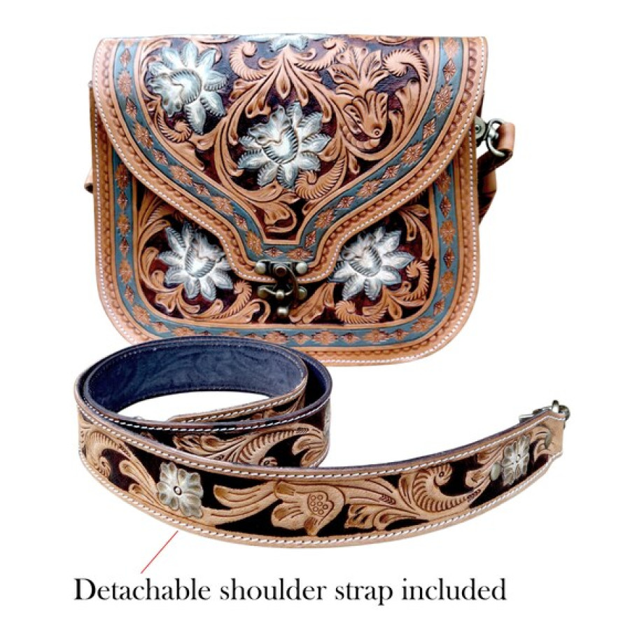 Genuine tooled leather western style cross-body handbag with removable strap 2