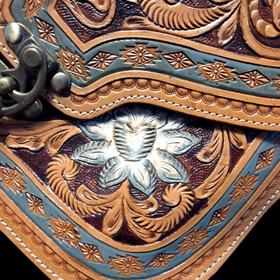 Genuine tooled leather western style cross-body handbag with removable strap 3
