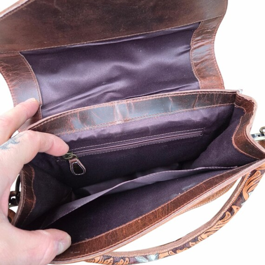 Genuine tooled leather western style cross-body handbag with removable strap 5