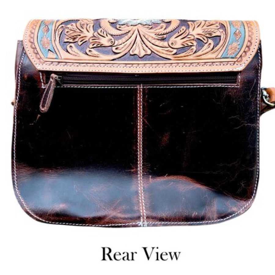 Genuine tooled leather western style cross-body handbag with removable strap 6