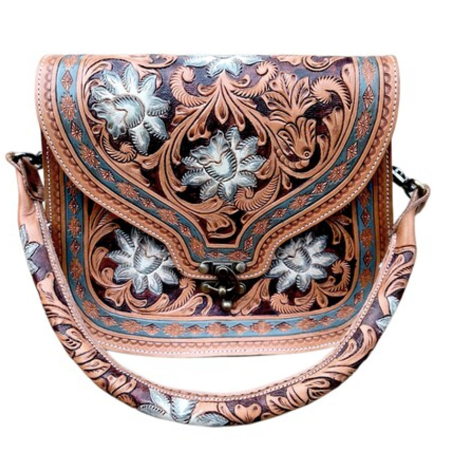 Genuine tooled leather western style cross-body handbag with removable strap 7