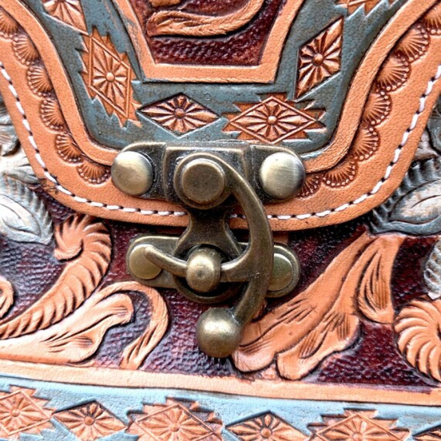 Genuine tooled leather western style cross-body handbag with removable strap 8