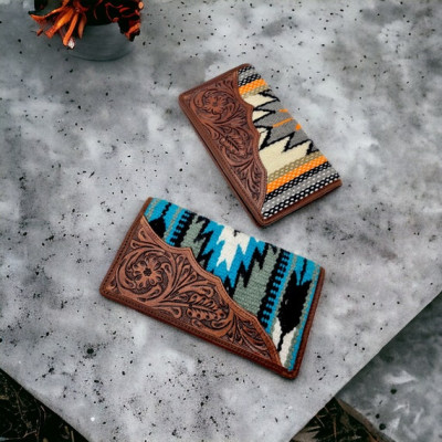 Southwestern Aztec style wool & tooled Genuine Leather trim wallet / clutch