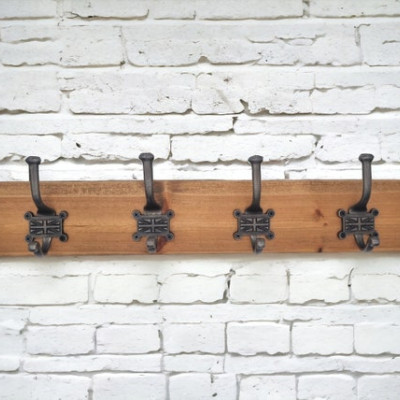 Handmade Pine Coat Rack with Vintage Cast Iron Union Jack Hooks