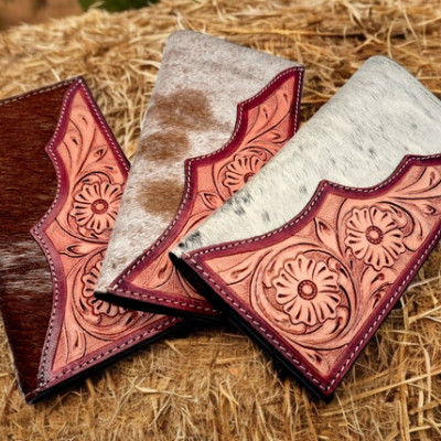 Bi fold Southwestern style wallet - With tooled leather & genuine fur-on cowhide wallet / clutch / purse