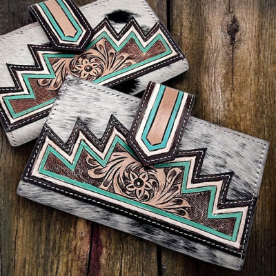 Southwest Cowhide Wallet with Tooled Turquoise Leather Trim – Floral Embossed Fur-On Leather Purse