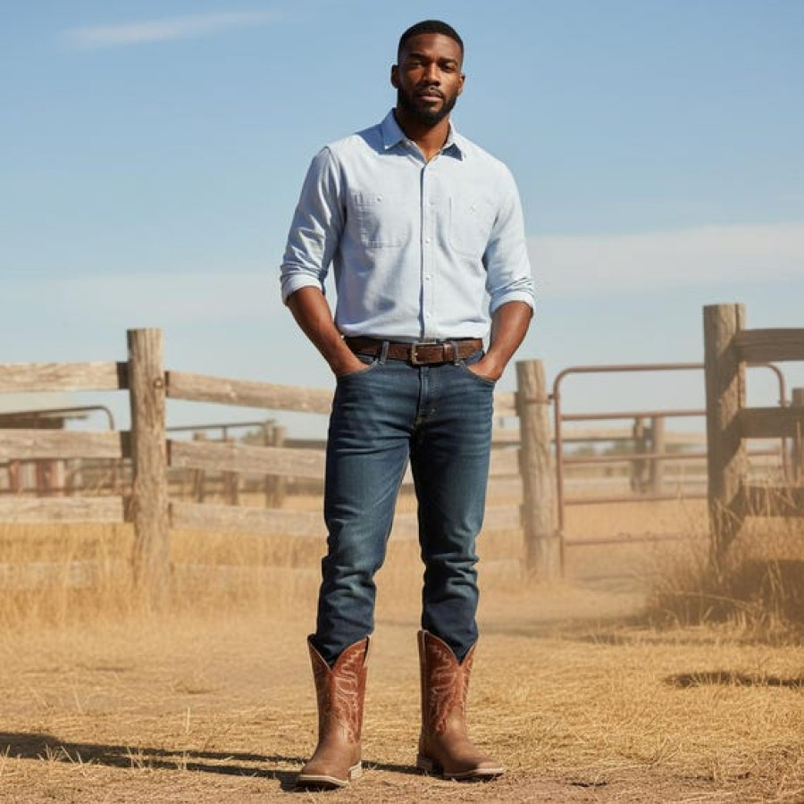 Men's Premium Leather Brown Cowboy Boots with Durable Welted Rubber Sole 1