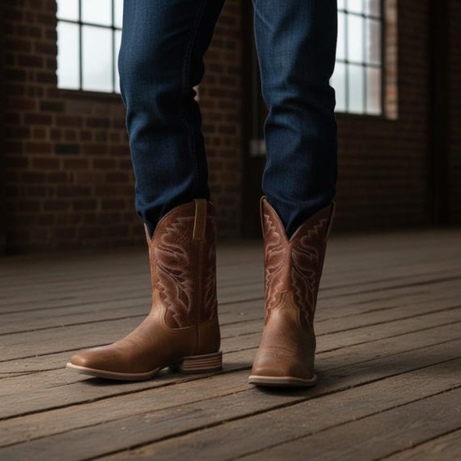 Men's Premium Leather Brown Cowboy Boots with Durable Welted Rubber Sole 2