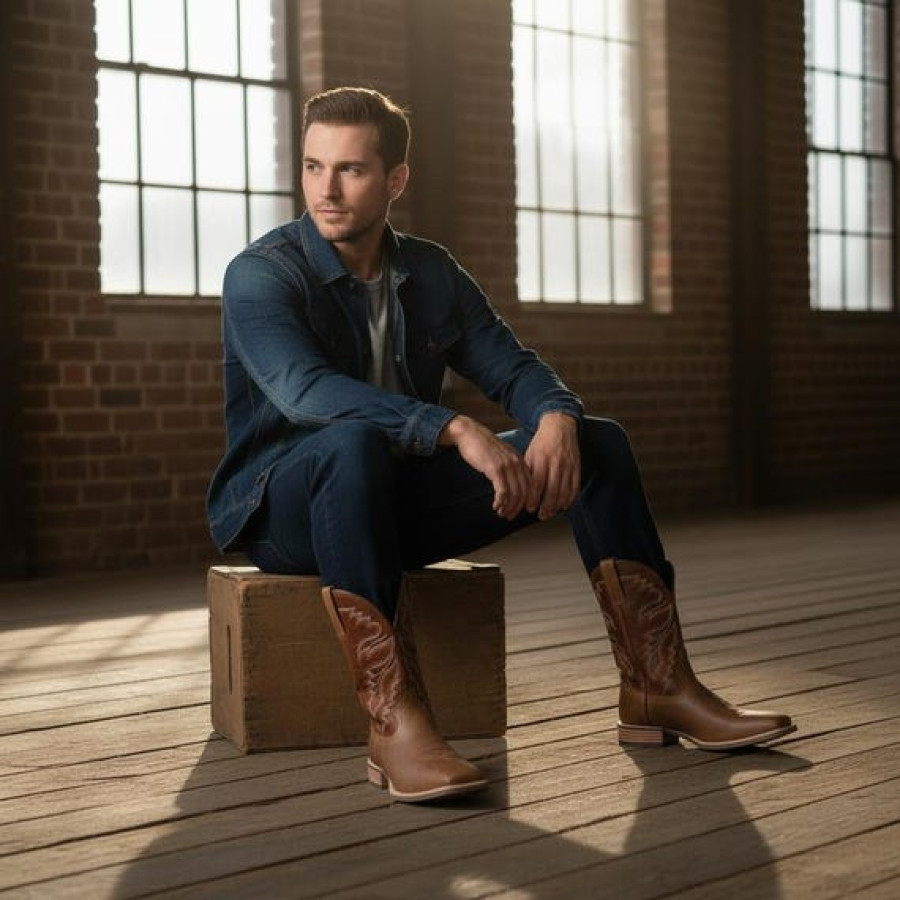 Men's Premium Leather Brown Cowboy Boots with Durable Welted Rubber Sole 5