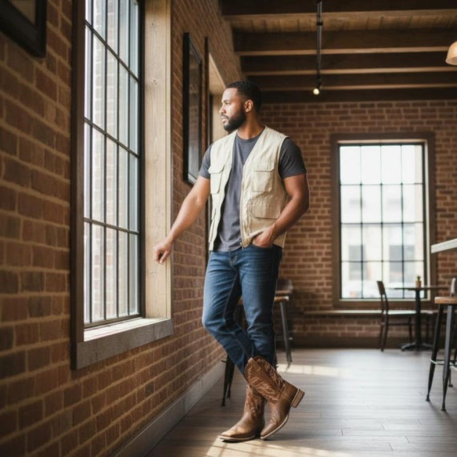 Men's Premium Leather Brown Cowboy Boots with Durable Welted Rubber Sole 7