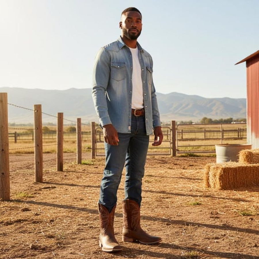 Men's Premium Leather Brown Cowboy Boots with Durable Welted Rubber Sole 9