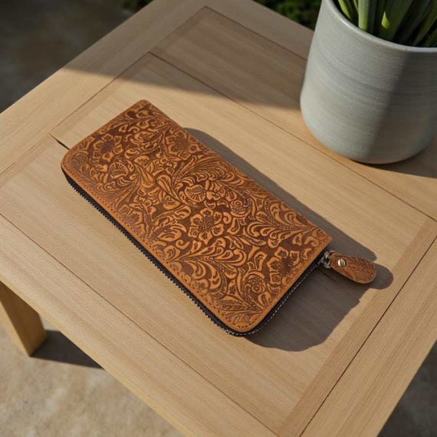 Tooled Leather Women's Wallet | Genuine Leather Purse | Zip Around Style | Floral Design 0