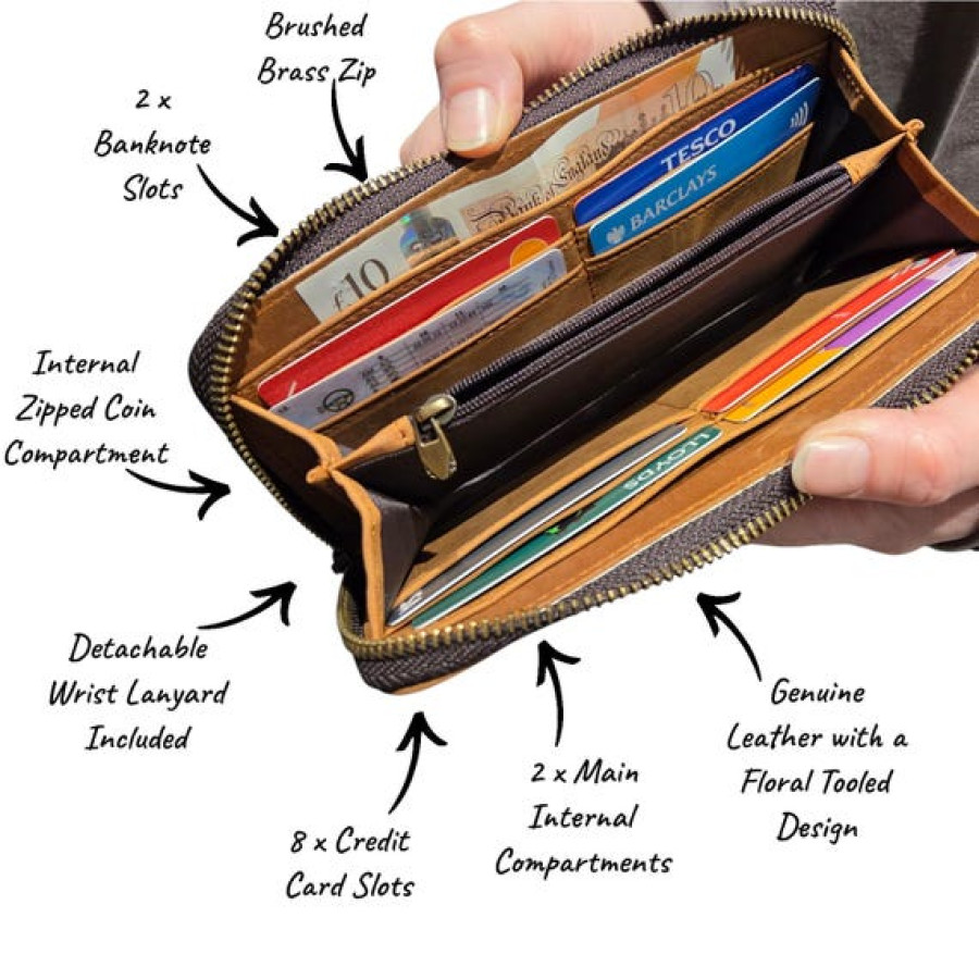 Tooled Leather Women's Wallet | Genuine Leather Purse | Zip Around Style | Floral Design 2