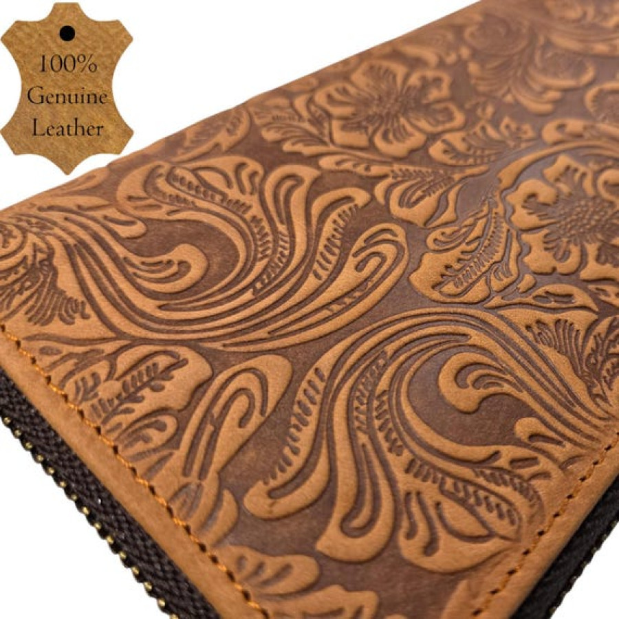 Tooled Leather Women's Wallet | Genuine Leather Purse | Zip Around Style | Floral Design 5