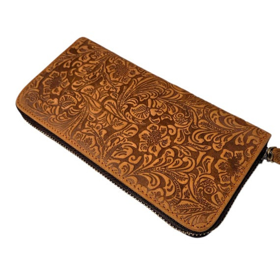 Tooled Leather Women's Wallet | Genuine Leather Purse | Zip Around Style | Floral Design 6