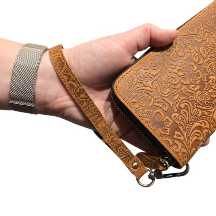 Tooled Leather Women's Wallet | Genuine Leather Purse | Zip Around Style | Floral Design 9